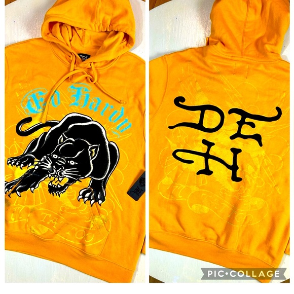 ED HARDY TATTOO CROUCHING PANTHER GRAPHIC GOLD YELLOW HOODIE SWEATER Size LARGE